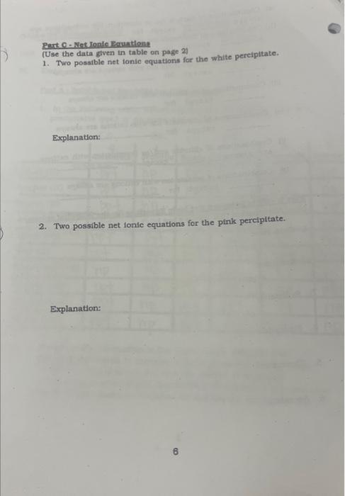 help please. chart below Part C - Nat Ionic Earutlons (Use the