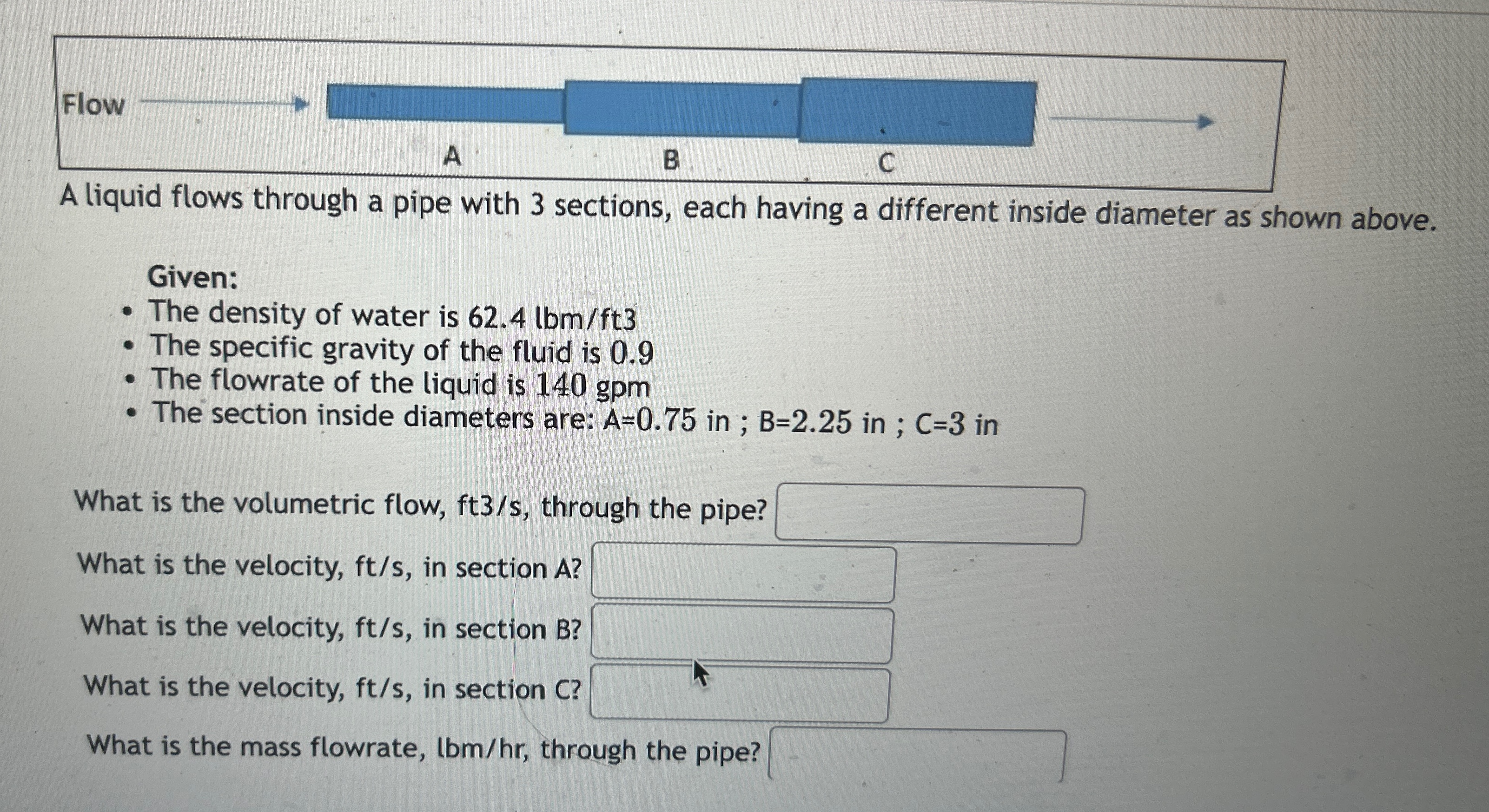  A liquid flows through a pipe with 3 sections, each having