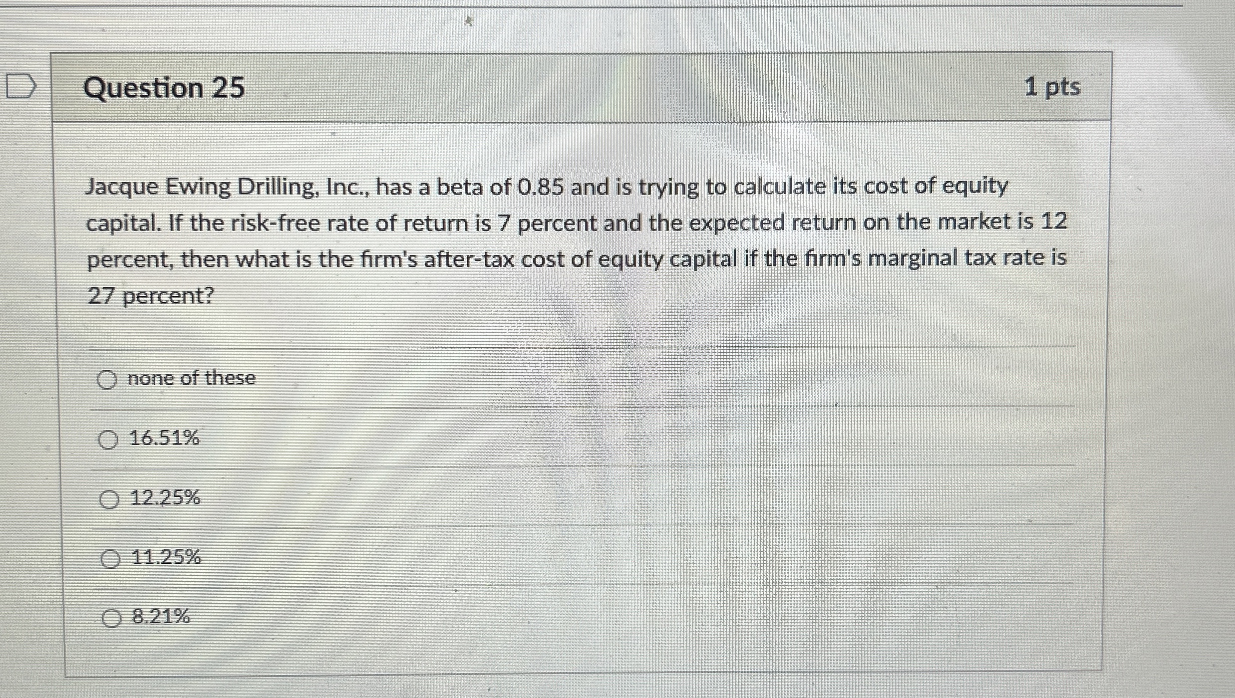  Question 25 1 pts Jacque Ewing Drilling, Inc., has a beta