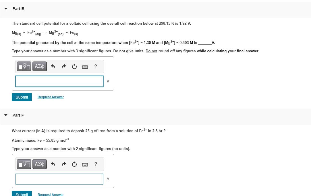  Part E The standard cell potential for a voltaic cell using