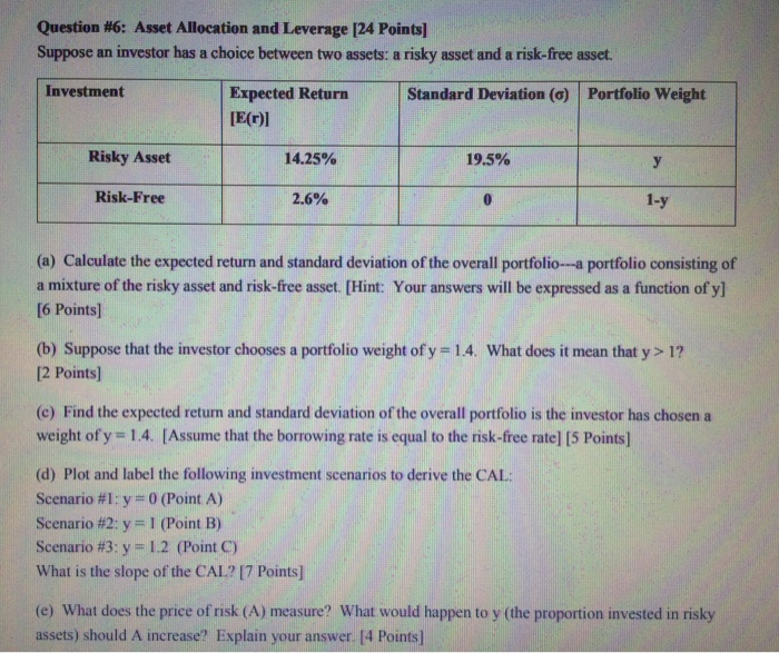  Question #6: Asset Allocation and Leverage [24 Points] Suppose an investor