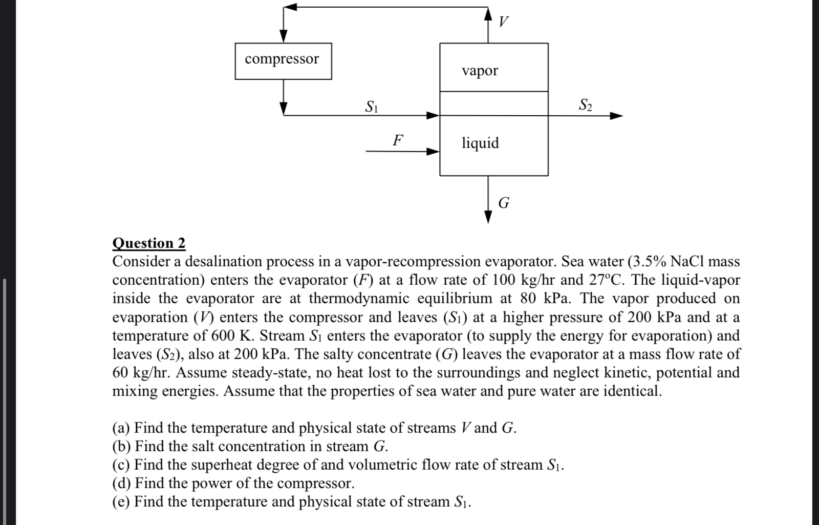  Question 2 Consider a desalination process in a vapor-recompression evaporator. Sea