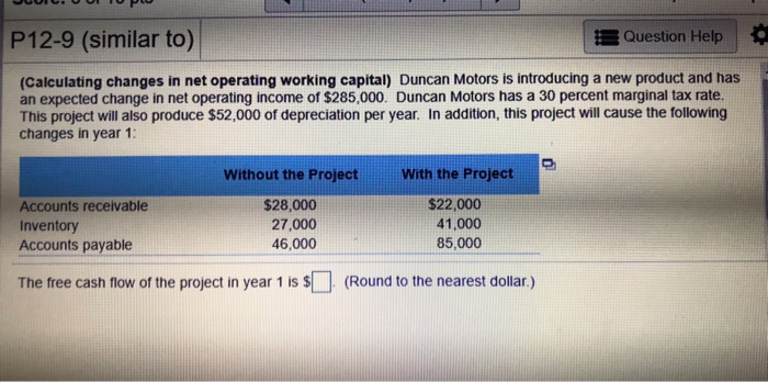  P12-9 (similar to) Question Help (Calculating changes in net operating working