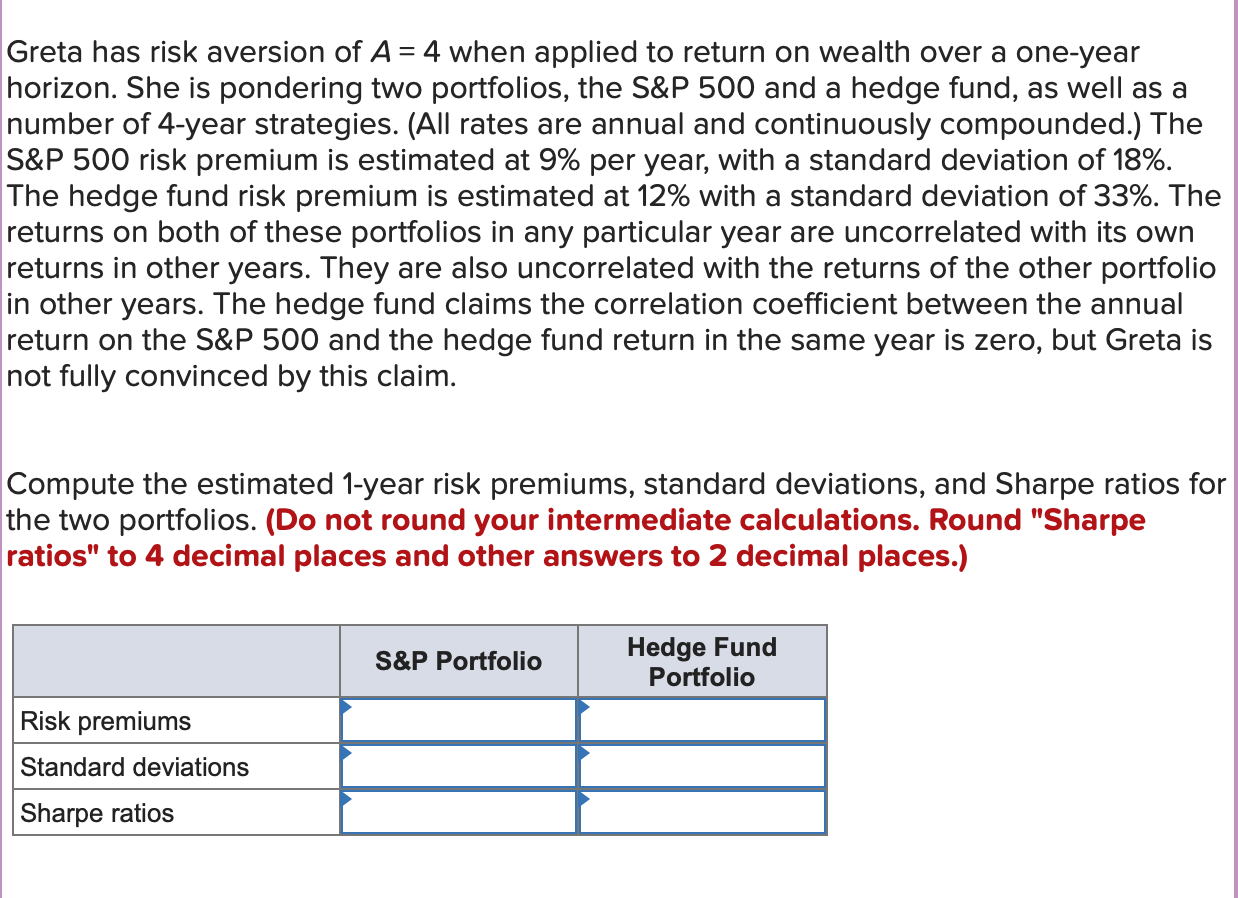 Greta has risk aversion of A=4 when applied to return on