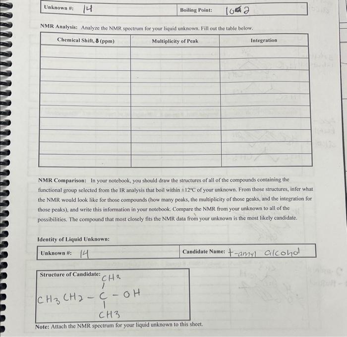  NMR Analysis: Analyze the NMR spectrum for your liquid unknown. Fill