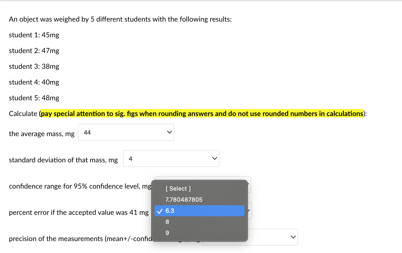 mg standard deviation of that mass, mg confidence range for 95% confidence