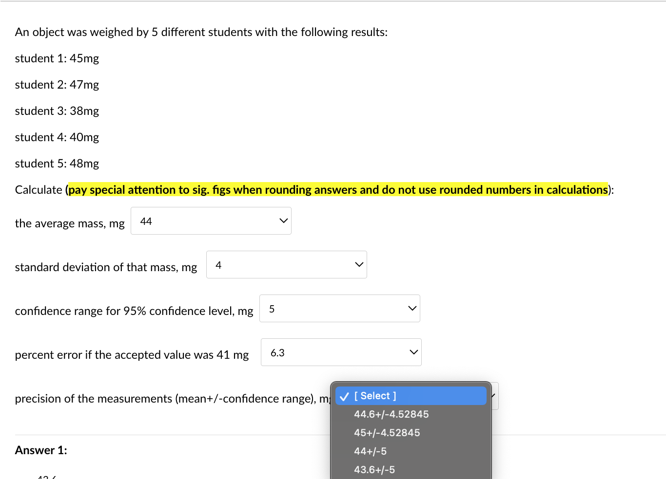 level, mg percent error if the accepted value was 41mg precision of