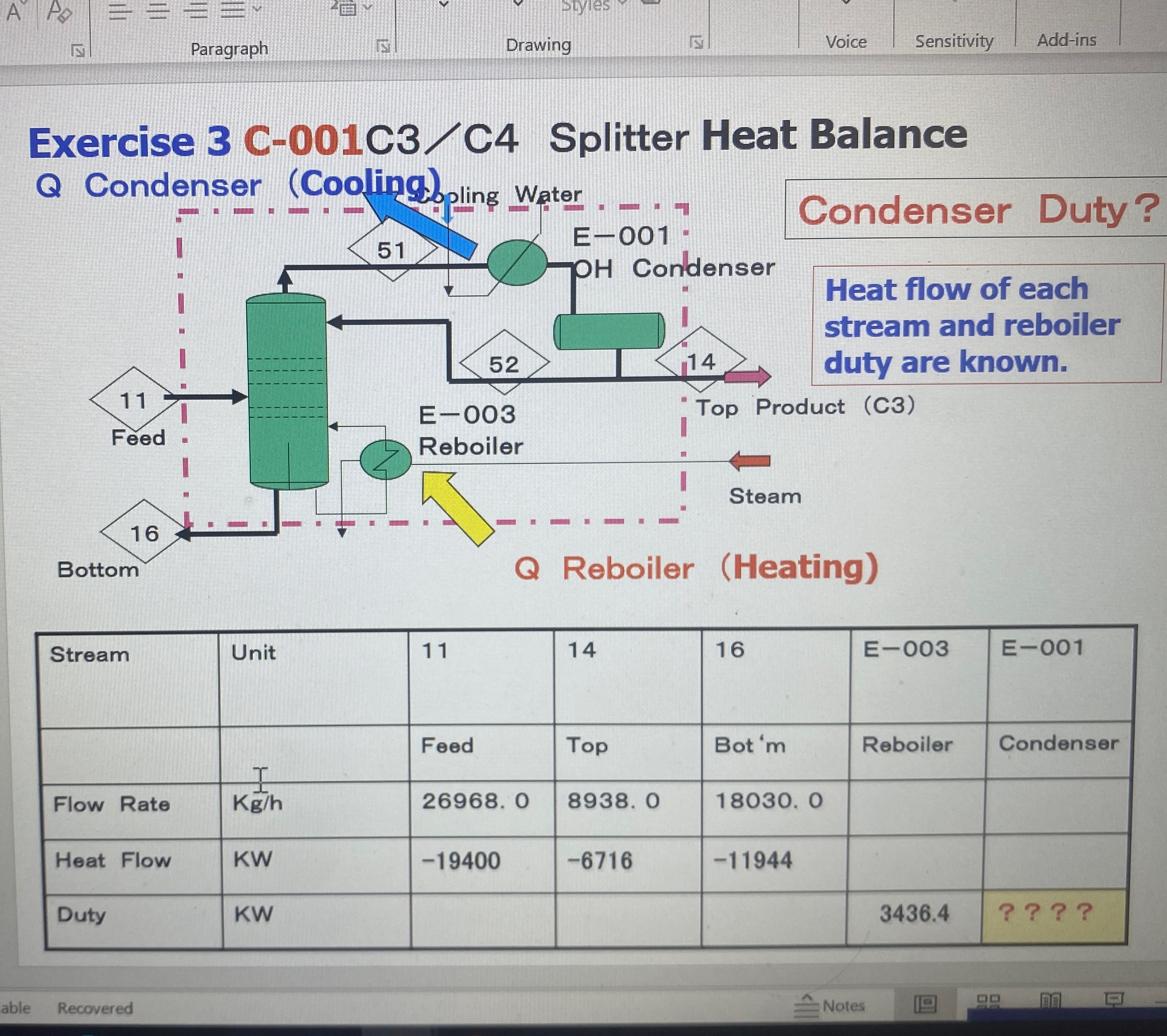  Exercise 3 C-001C3/C4 Splitter Heat Balance \table[[Stream,Unit,11,14,16,E-003,E-001],[,T,Feed,Top,Bot 'm,Reboiler,Condenser],[Flow Rate,KG/h,26968.0,8938.0,18030.0,,],[Heat Flow,KW,-19400,-6716,-11944,,],[Duty,KW,,,,3436.4,???? 