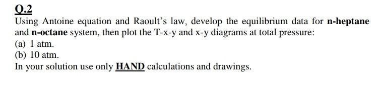 0.2 Using Antoine equation and Raoult's law, develop the equilibrium data