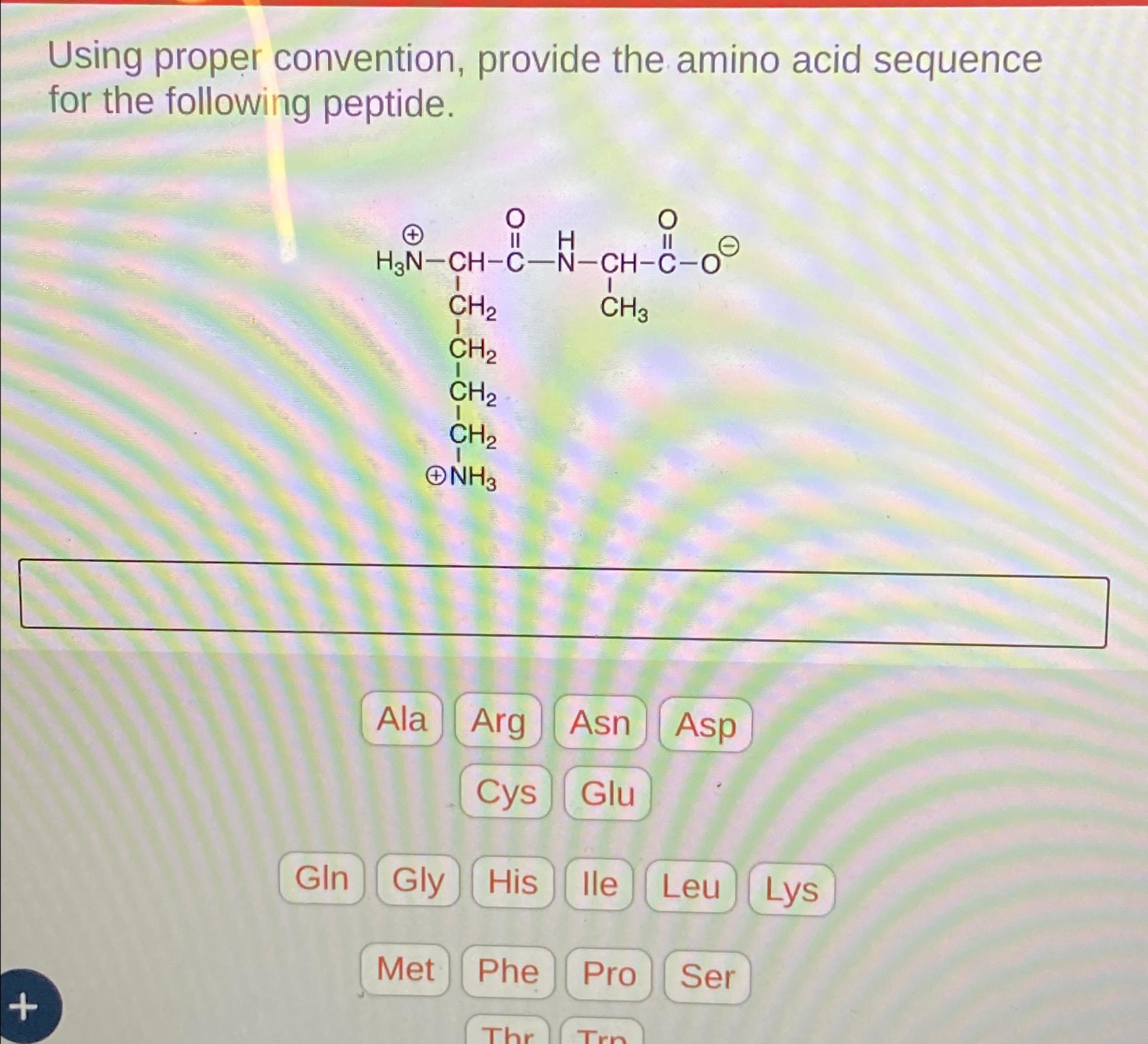  Using proper convention, provide the amino acid sequence for the following
