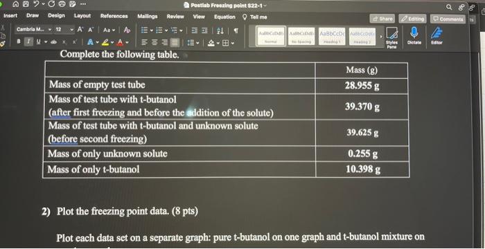  2) Plot the freezing point data. ( 8 pts) Plot each