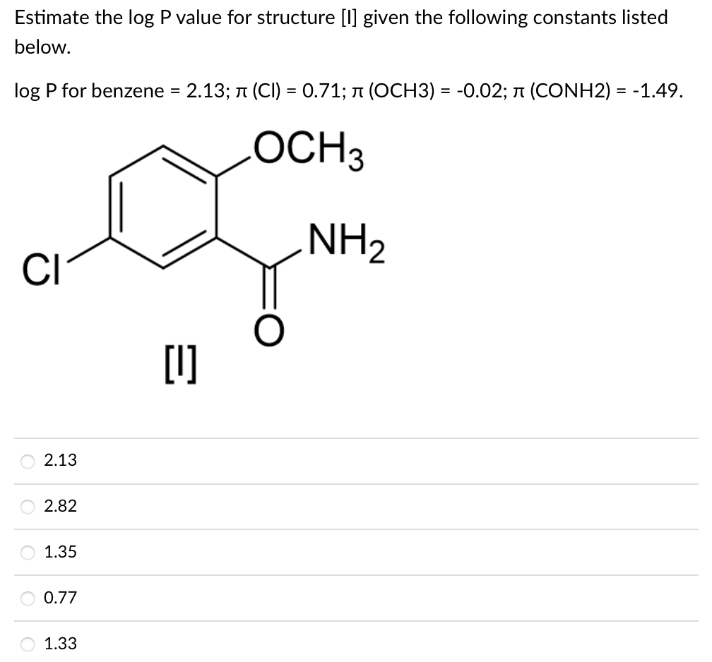  Estimate the log P value for structure [I] given the following