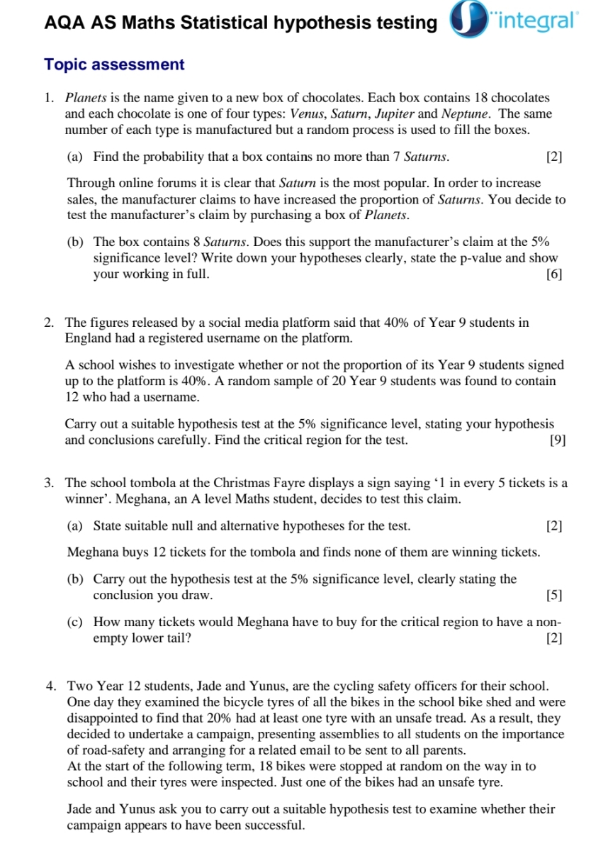 AQA AS Maths Statistical hypothesis testing 0"integra| Topic assessment 1. Planets
