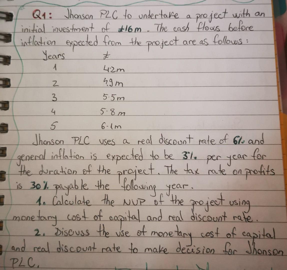  Q1: Jhonson PLC to undertake a project with an initial investment