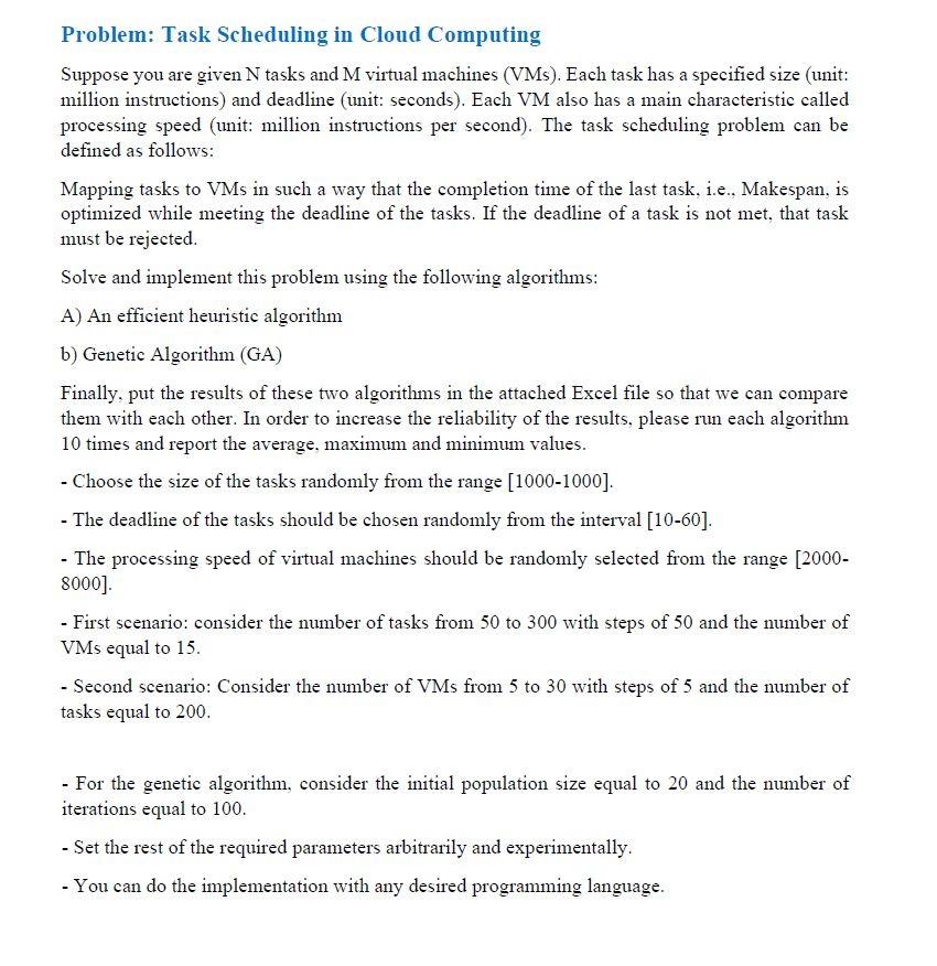 Please Help me to implement it thanks Problem: Task Scheduling in Cloud