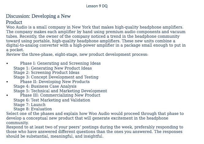 Lesson 9 DQ Discussion: Developing a New Product Woo Audio is