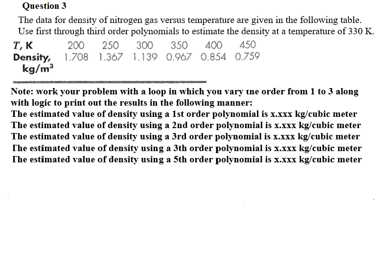 Solve the following using matlab Question 3 The data for density of