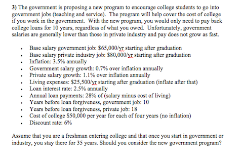  3) The government is proposing a new program to encourage college