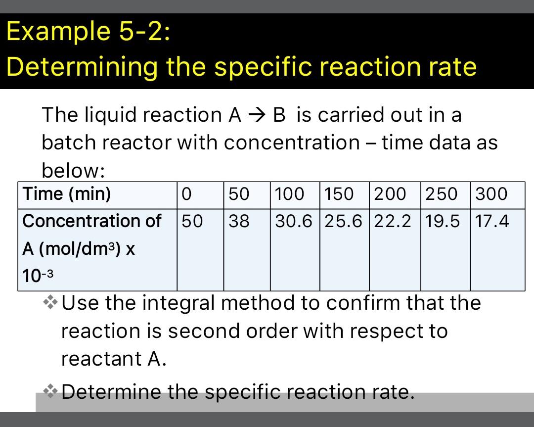  Example 5-2: Determining the specific reaction rate The liquid reaction A