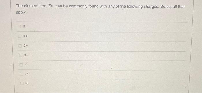  The element iron, Fe, can be commonly found with any of