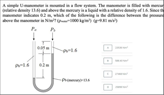 i need only answer A simple U-manometer is mounted in a flow