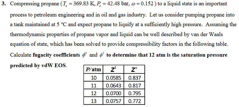  3. Compressing propane (T. = 369.83 K, P = 42.48 bar,