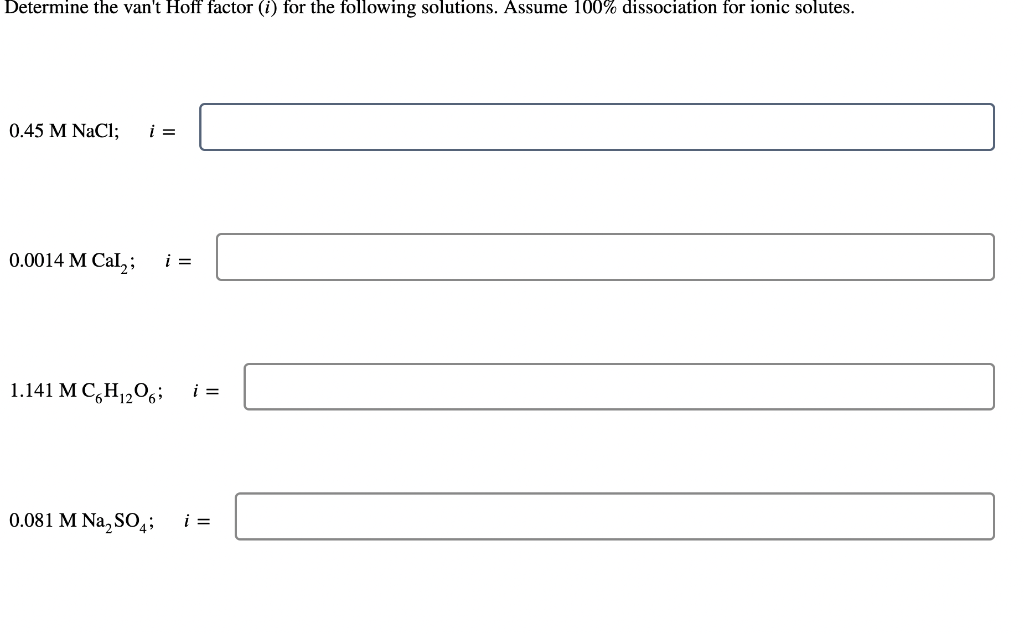 Determine the van't Hoff factor ()() for the following solutions. Assume 100%