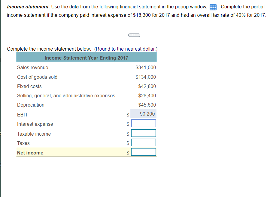  Income statement. Use the data from the following financial statement in