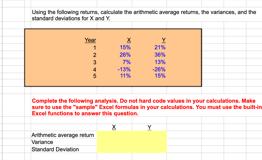 Whats the Arithmetic average return Variance Standard deviation Using the following
