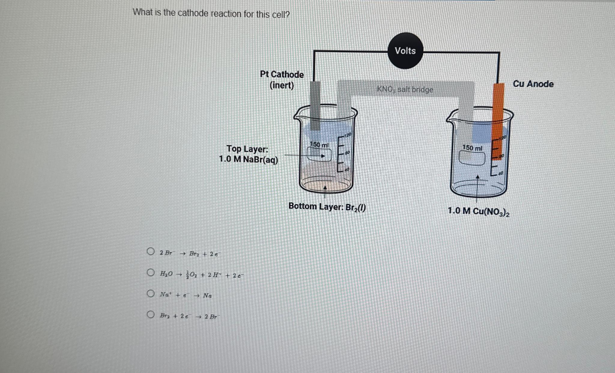  What is the cathode reaction for this cell? 2Br-Br2+2e H2O22O2+2HTT+2e- Na++e-Na