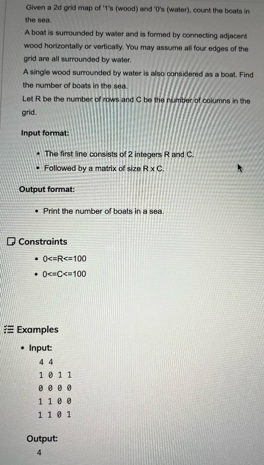  Given a 2d grid map of '1's (wood) and '0's (water),