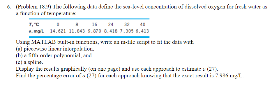 PLEASE ANSWER USING MATLAB 32 6. (Problem 18.9) The following data define