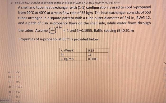 12. Find the heat transfer coefficient on the shell side in