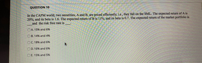  QUESTION 10 In the CAPM world, two securities, A and B,