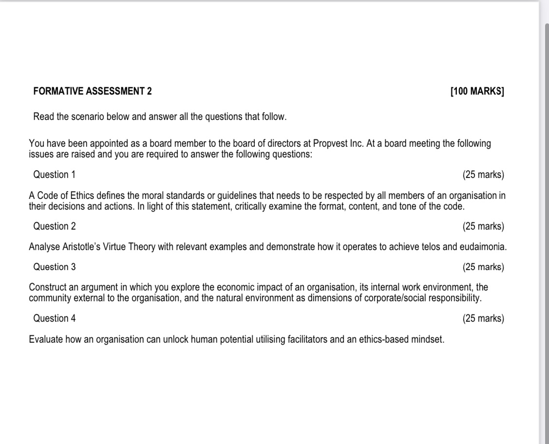  FORMATIVE ASSESSMENT 2 [100 MARKS] Read the scenario below and answer