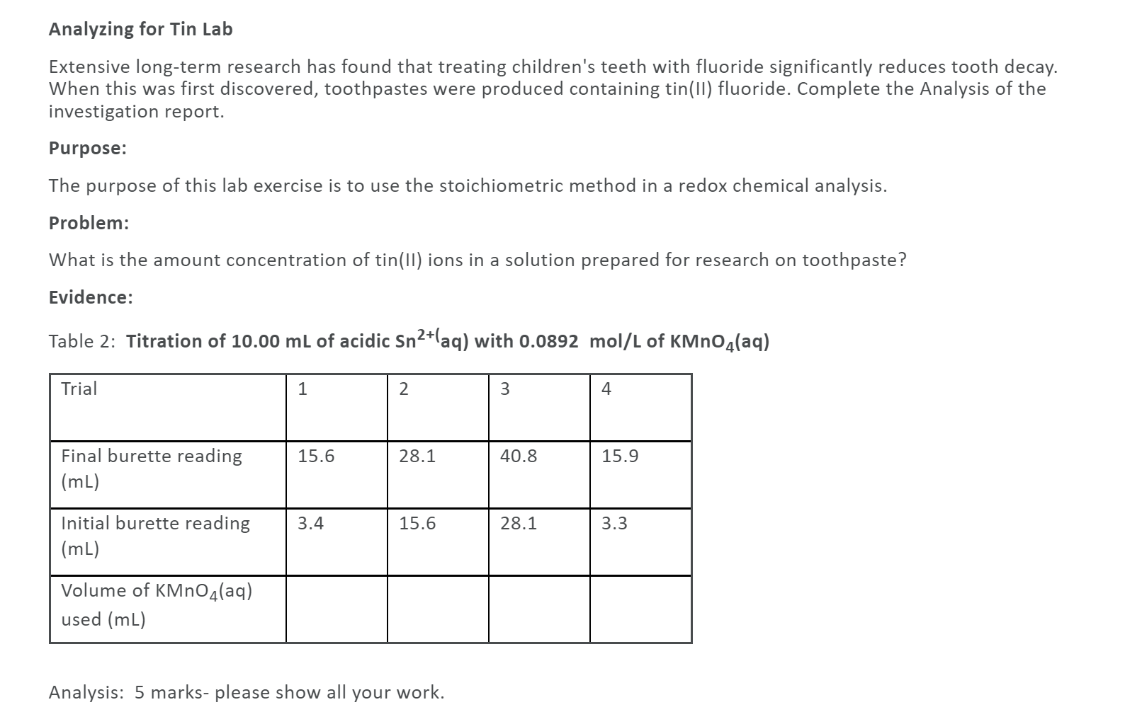  Analyzing for Tin Lab Extensive long-term research has found that treating