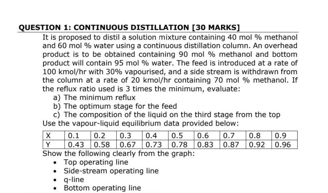 help with this question Asap separation process QUESTION 1: CONTINUOUS DISTILLATION