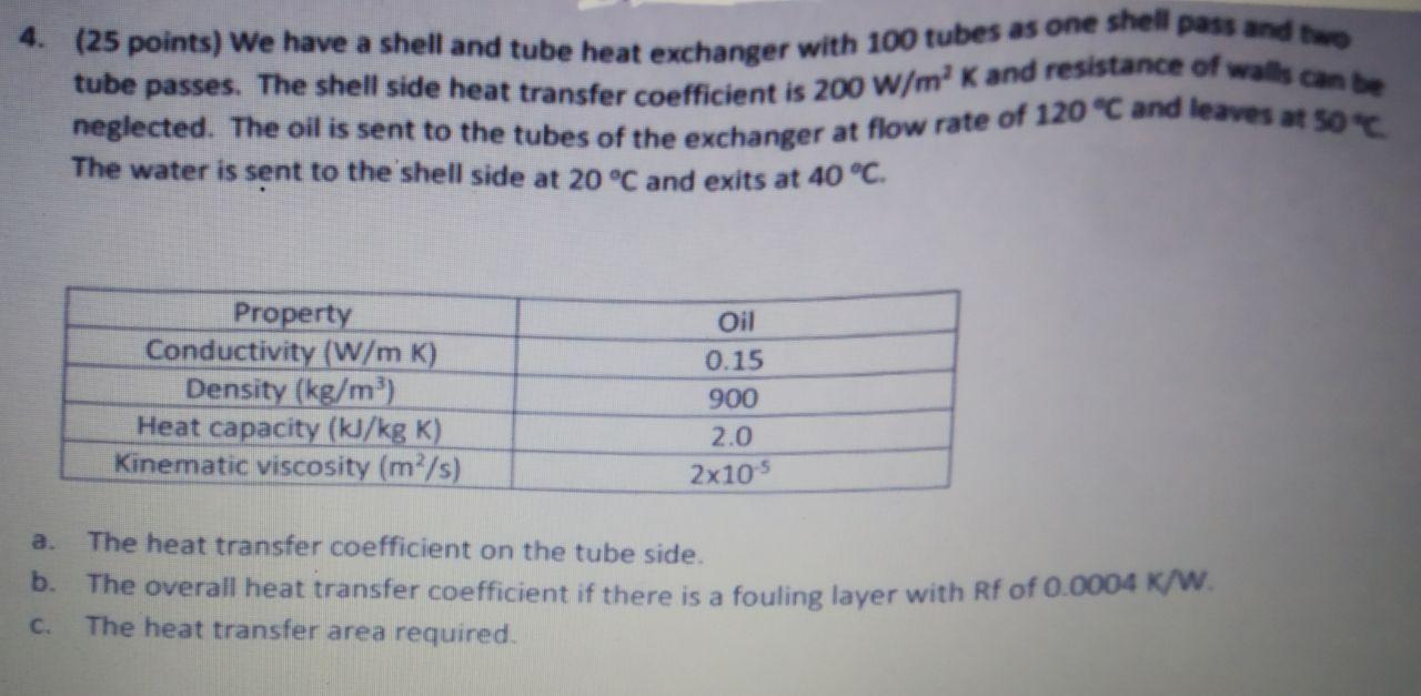 Can't copy 4. (25 points) We have a shell and tube heat