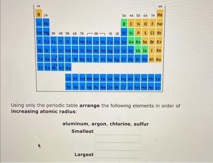  Using only the periodic table arrange the following elements in order
