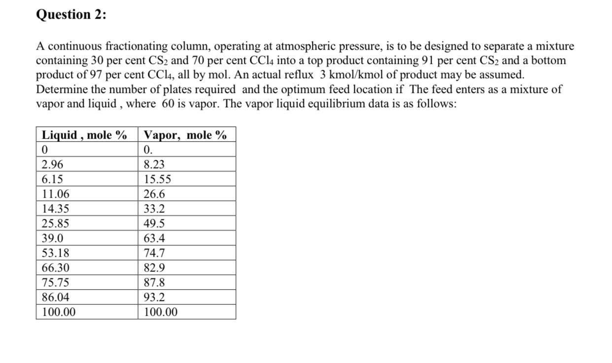 Question 2: A continuous fractionating column, operating at atmospheric pressure, is