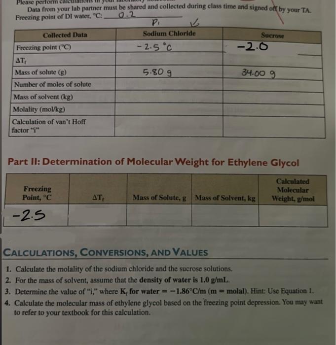 i need calculations asap please!!! Data from your lab partner must be