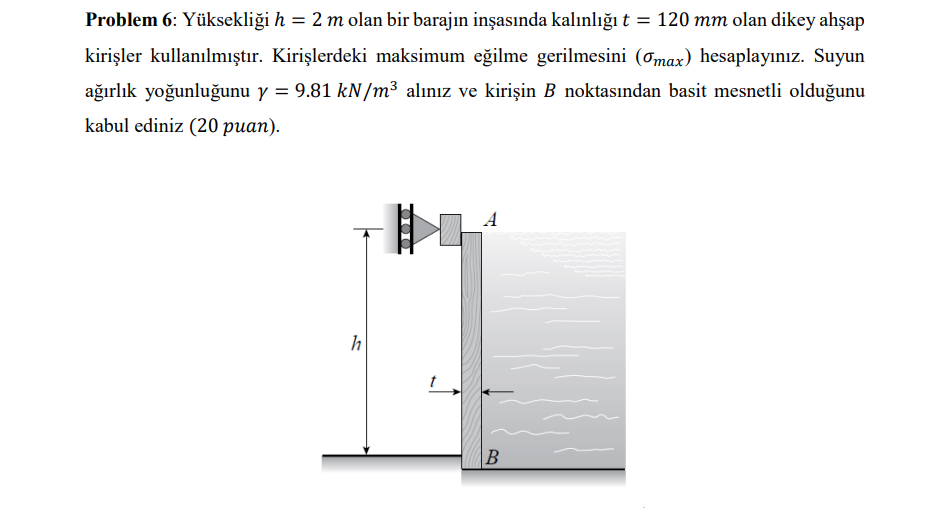  Problem 6: Ykseklii h=2m olan bir barajn inasnda kalnlt=120mm olan dikey