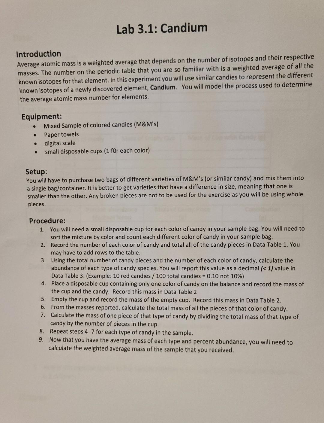  Lab 3.1: Candium Introduction Average atomic mass is a weighted average