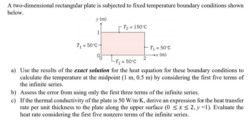 A two-dimensional rectangular plate is subjected to fixed temperature boundary conditions