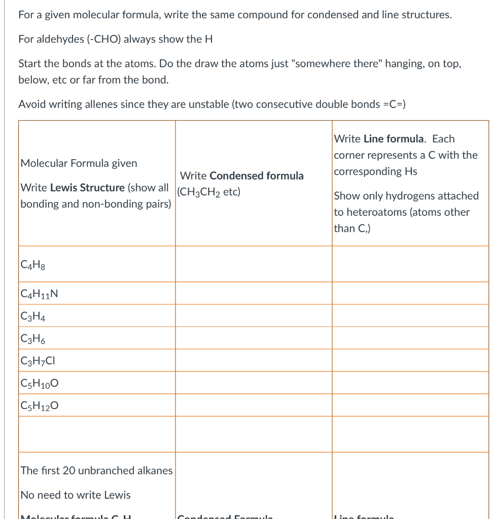  For a given molecular formula, write the same compound for condensed