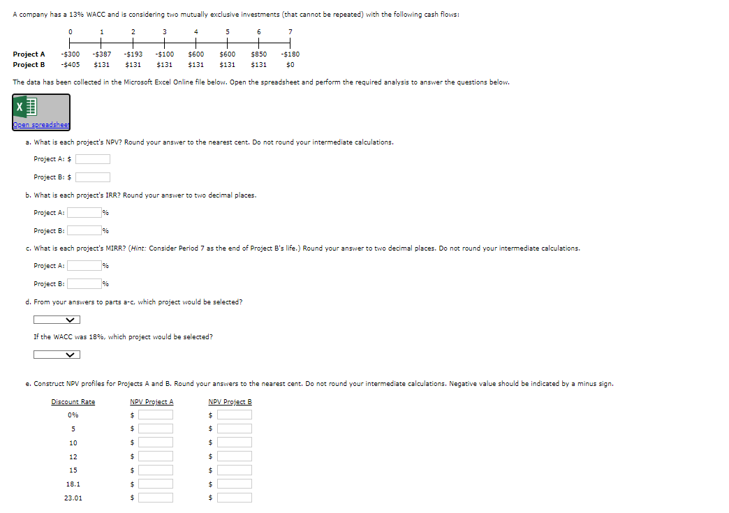  a. What is each project's NPV? Round your answer to the