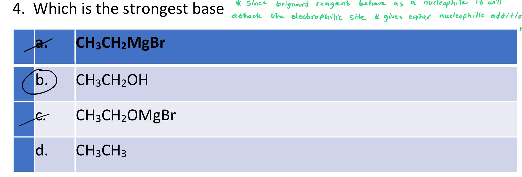  a.CH3CH2MgBr b.CH3CH2OH c.CH3CH2OMgBr d.CH3CH3 