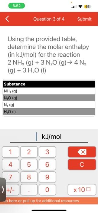 for the reaction 2NH3(g)+3N2O(g)4N2 (g) +3H2O (l) Using the provided table, determine