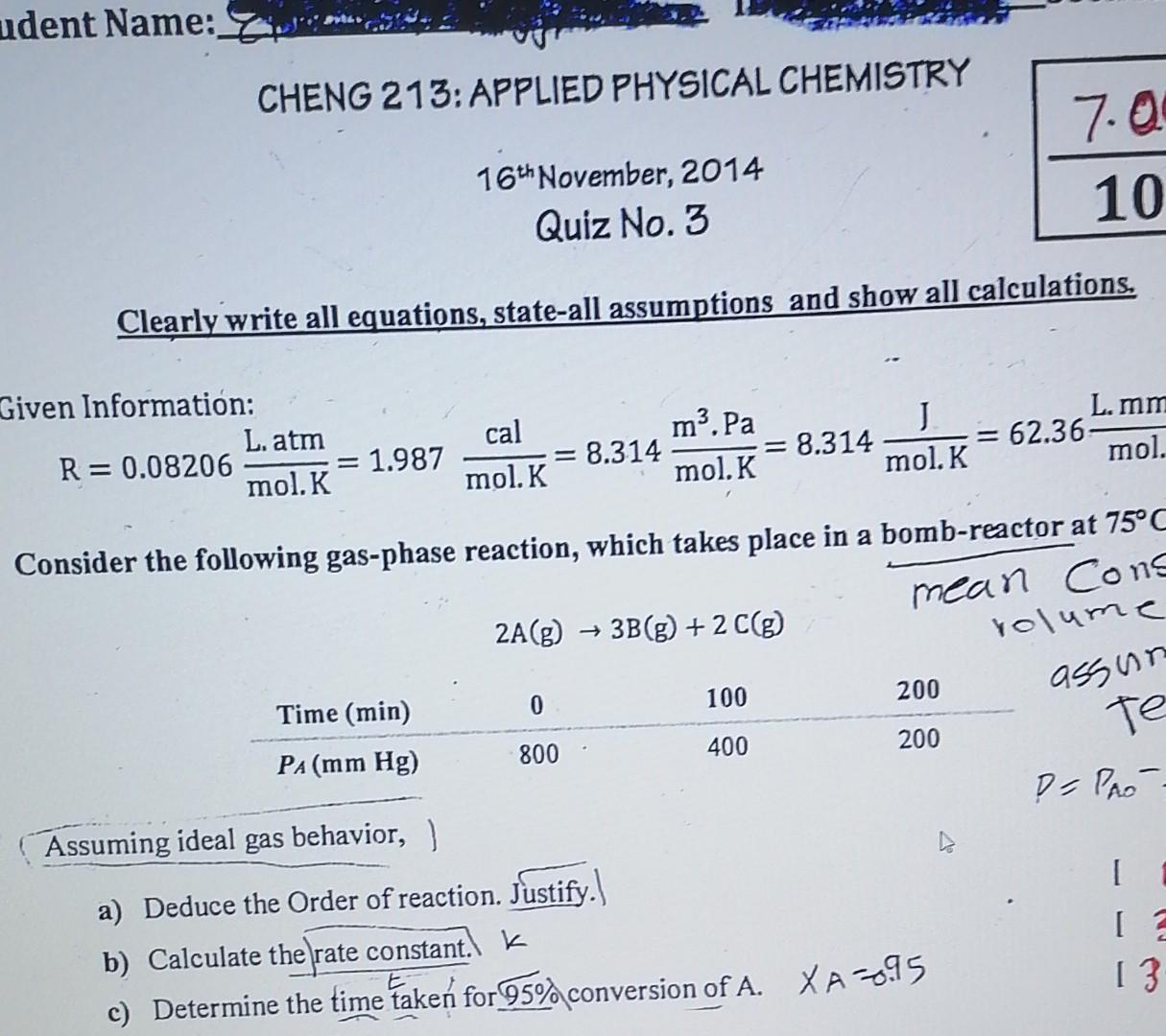  udent Name: CHENG 213: APPLIED PHYSICAL CHEMISTRY 7.0 10 16th November,