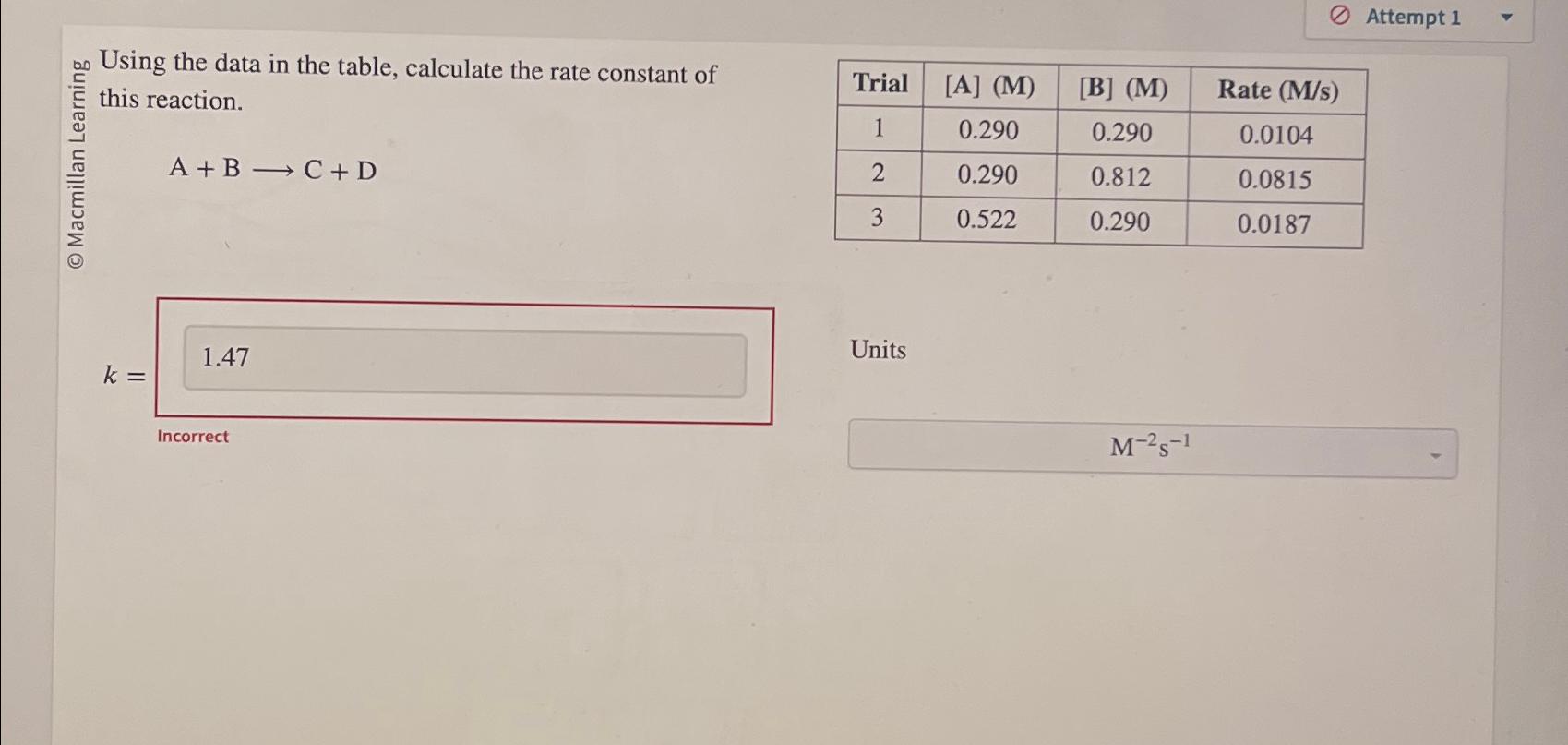  Attempt 1 on Using the data in the table, calculate the